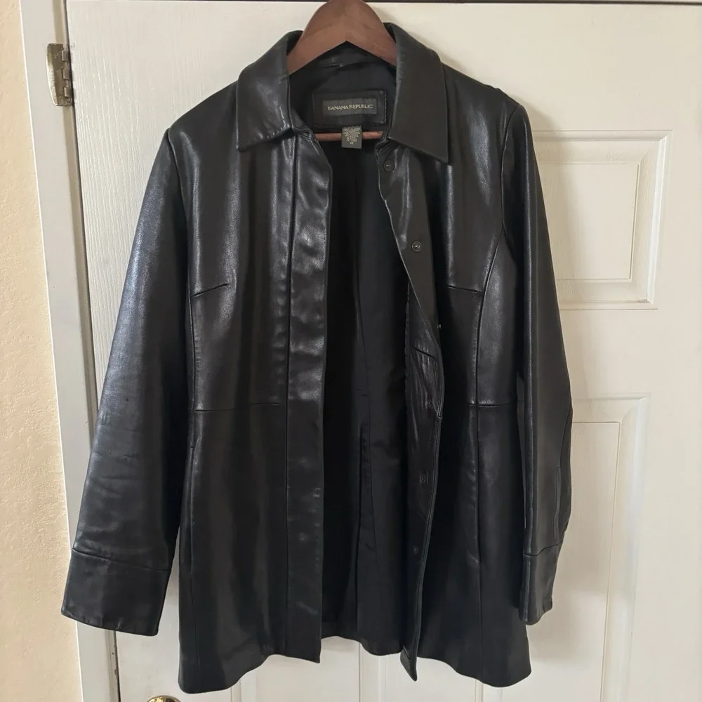 Vintage‎ Y2K Banana Republic Leather Jacket Men SZ Medium Racer Biker Moto Black